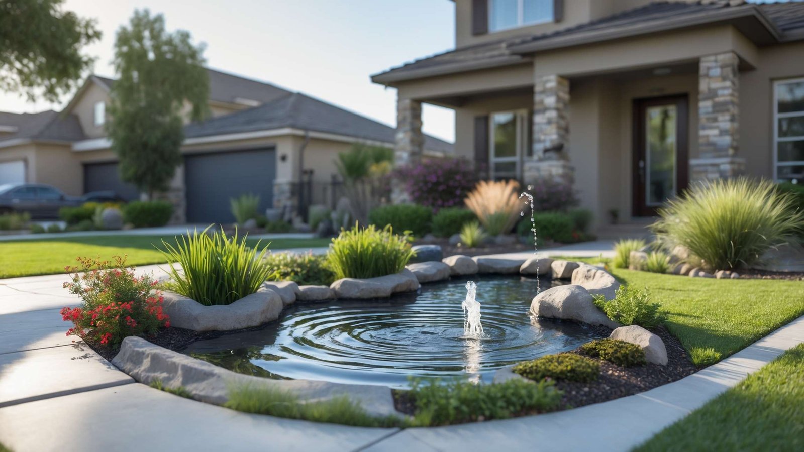 Modern water feature fountain in Santaquin front yard landscaping