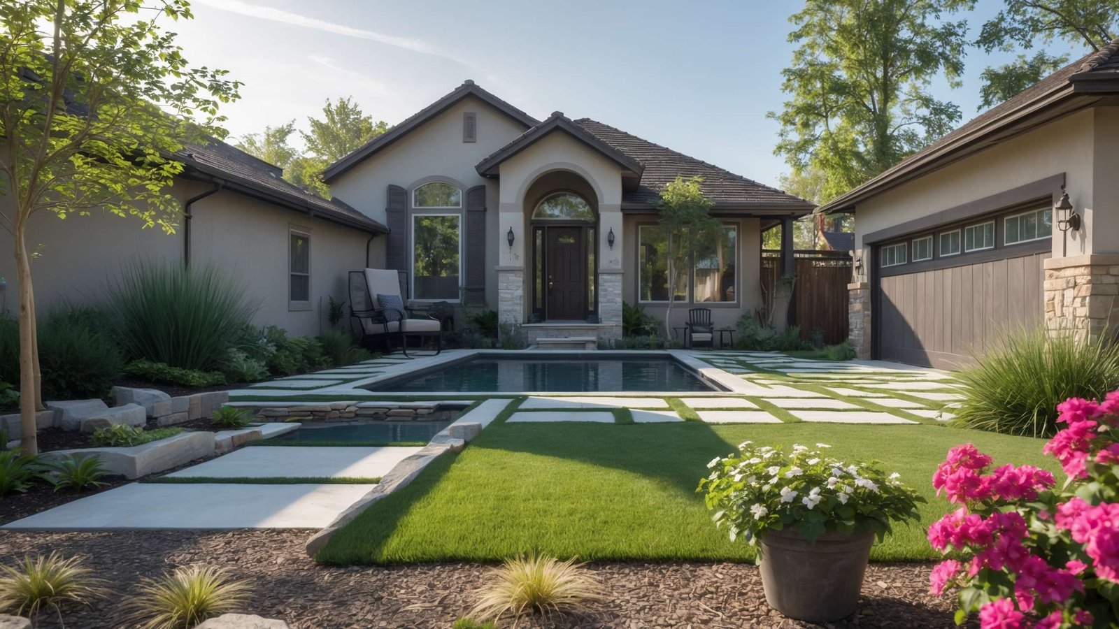 Beautiful water feature in Santaquin Utah front yard with natural stone landscaping