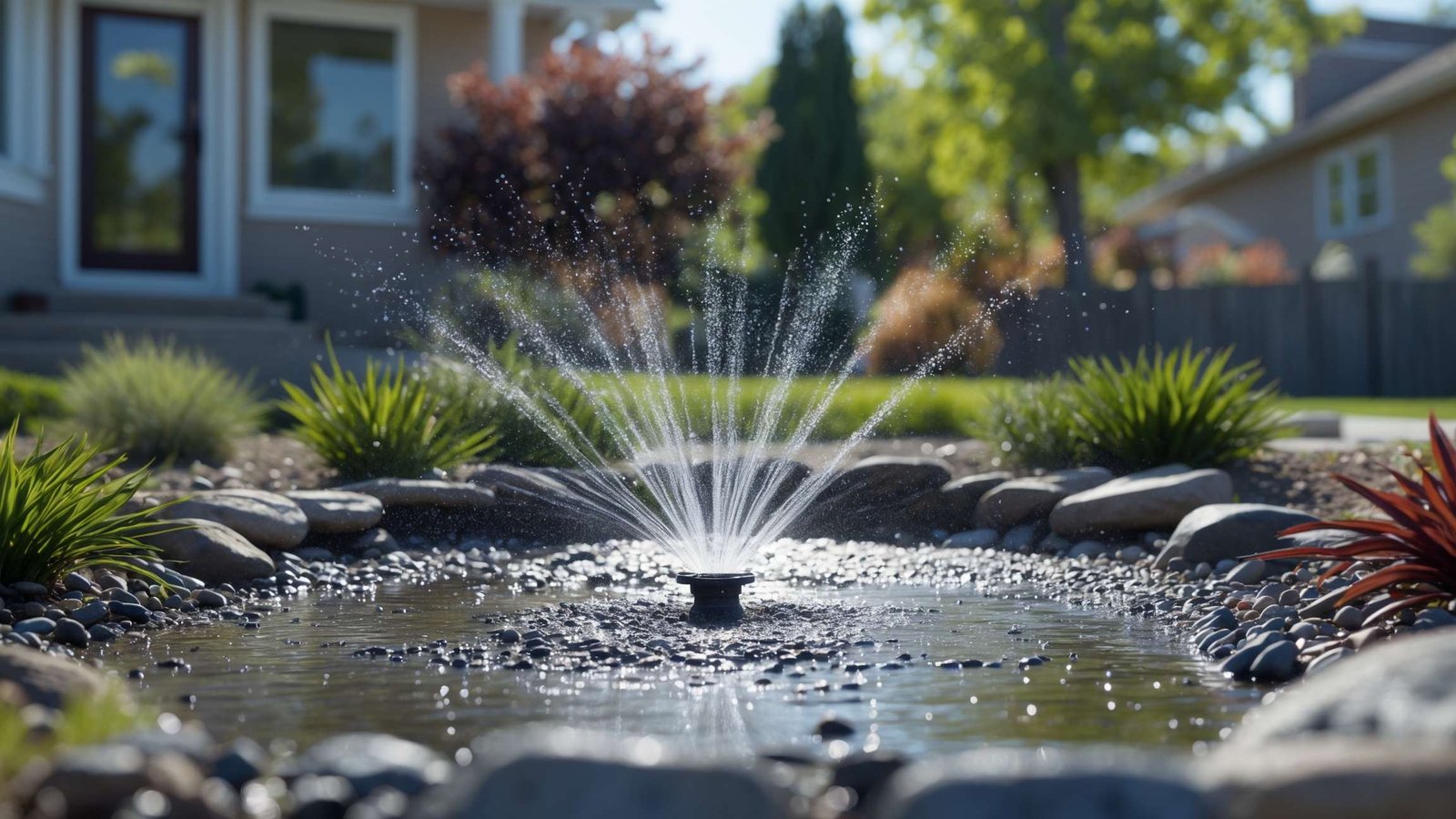 Traditional spray sprinkler system watering residential lawn in Salem Utah