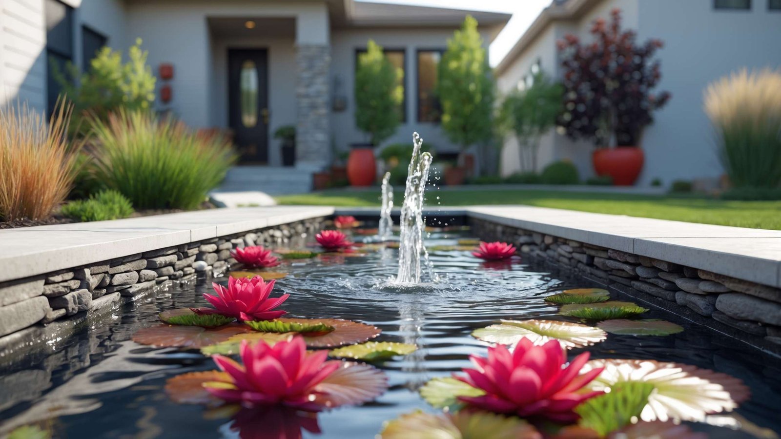 Clean water feature with running pump and clear water in Payson Utah backyard