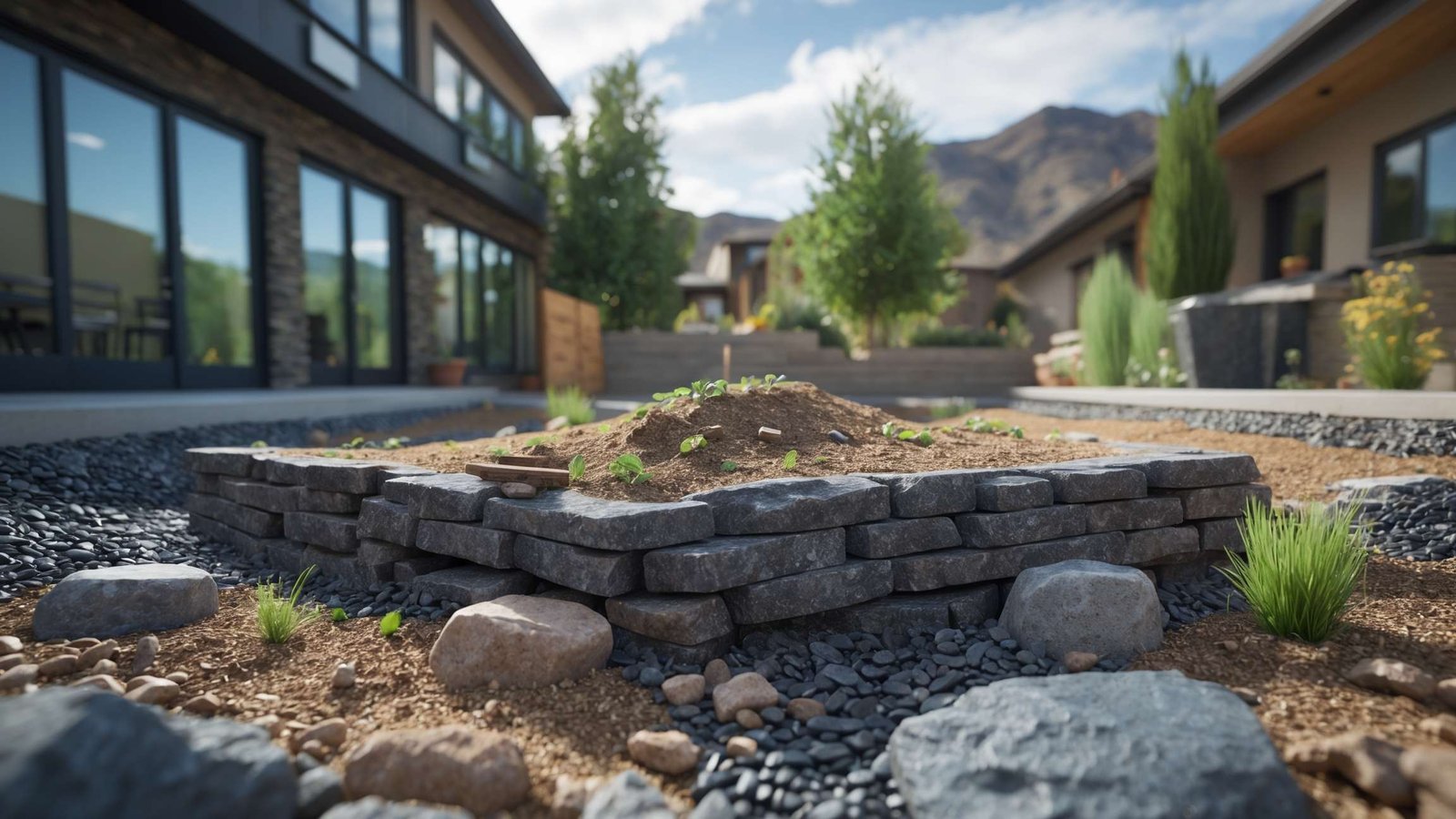 Complete residential landscaping installation with lawn irrigation and plantings for new construction in Santa