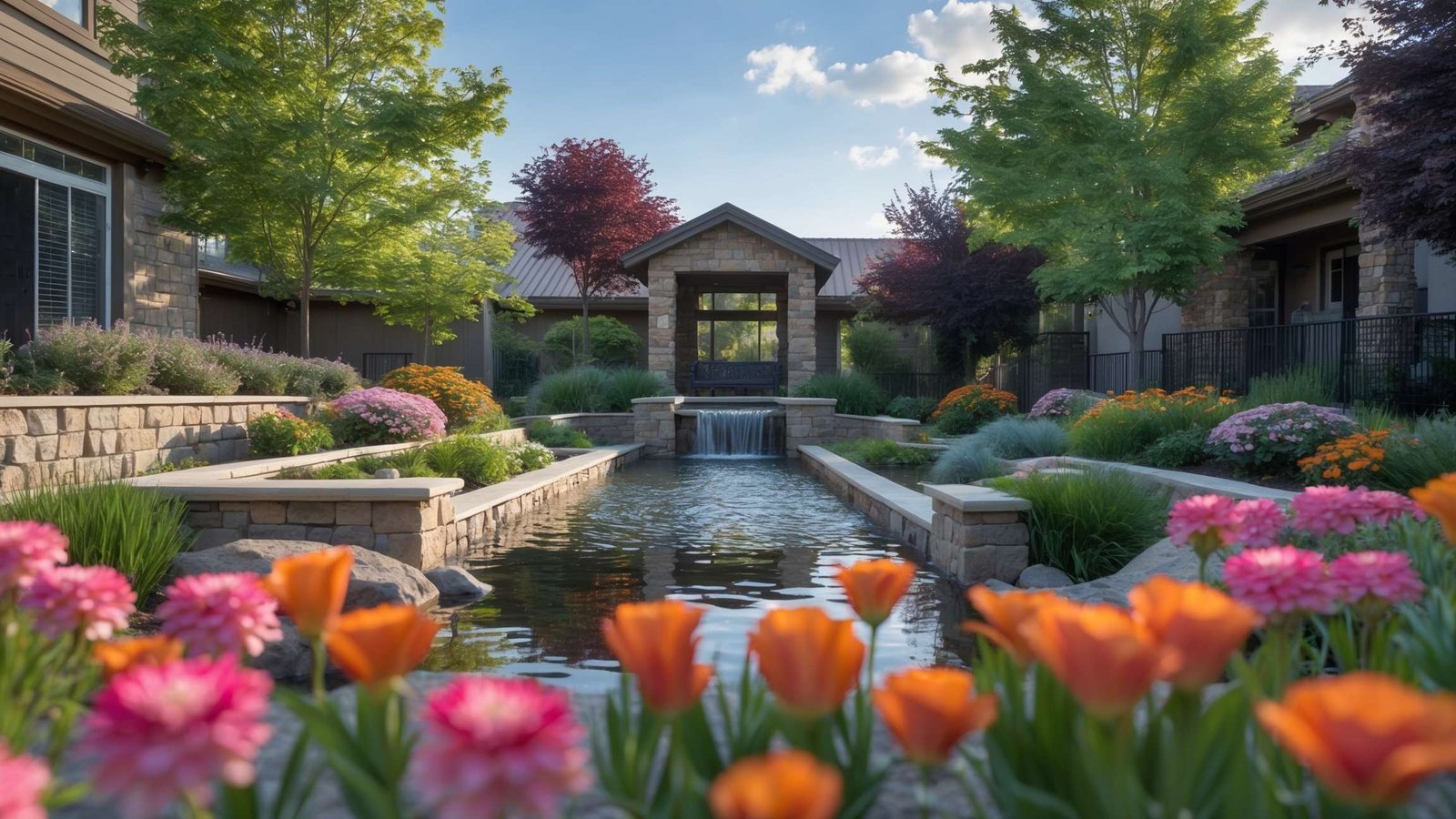 Beautiful maintained water feature with fountain in Payson Utah residential backyard
