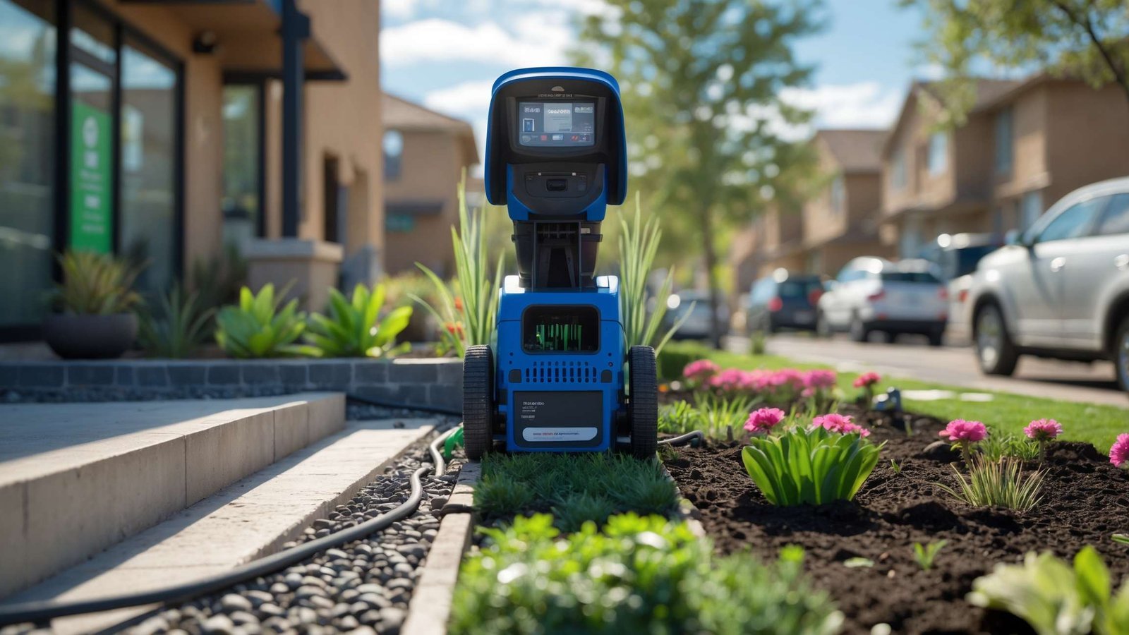 Professional landscaper reviewing smart irrigation controller options during Payson yard remodel consultation
