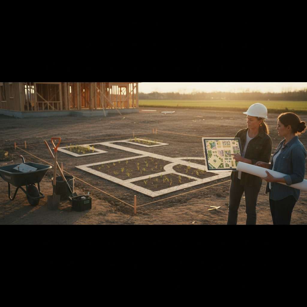 Homeowner measuring yard dimensions and noting sun patterns for landscape planning