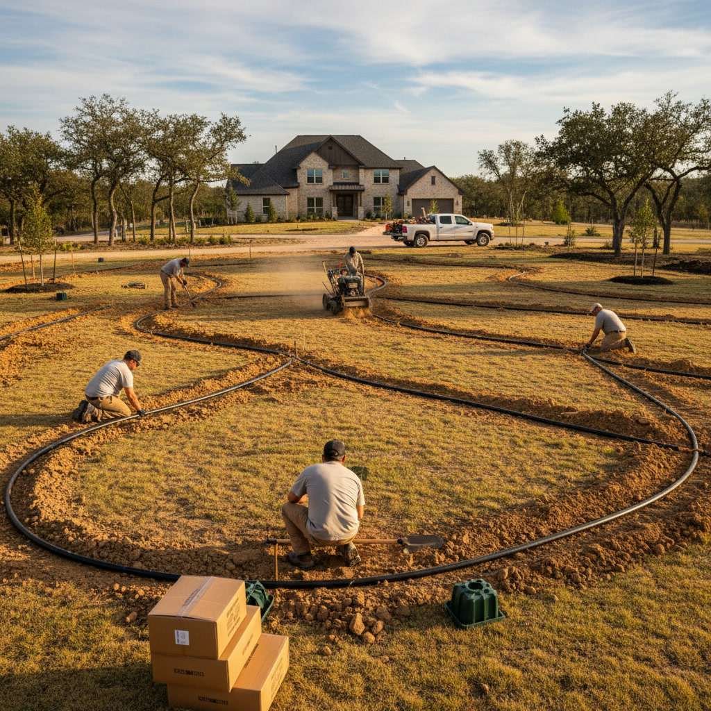 Professional irrigation system installation with trenches and lateral lines during full yard transformation pr