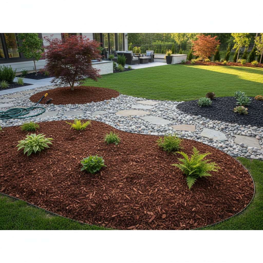 Newly installed turf and completed planting beds with mulch as part of full yard transformation services