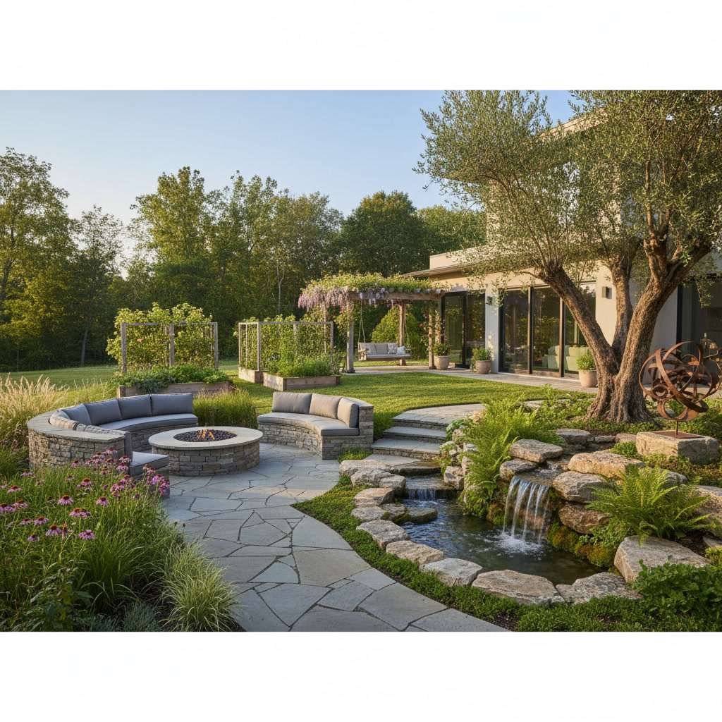 Water feature and landscape lighting installed as focal point in residential yard