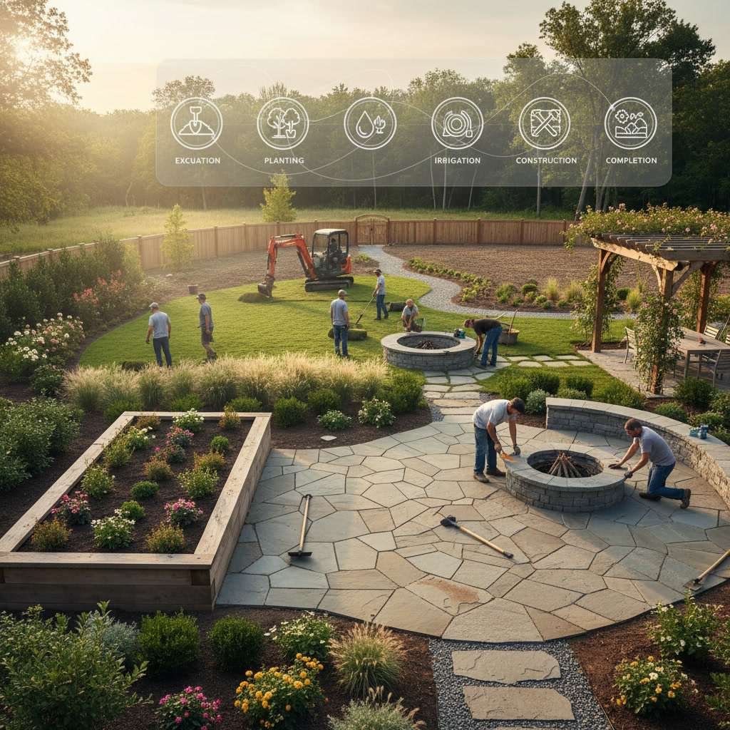 Professional landscaping crew working on full yard transformation project showing multiple construction phases