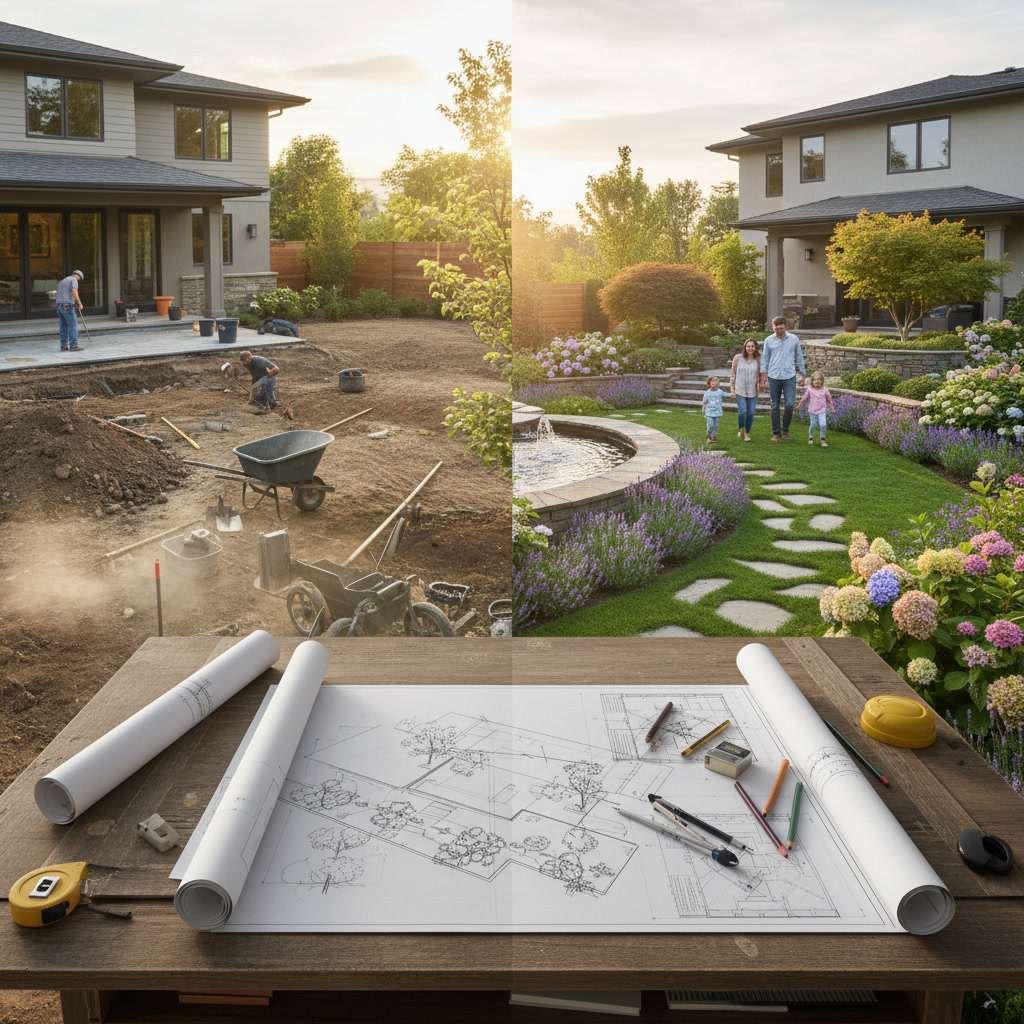 Professional landscape designer reviewing residential yard plans and blueprints with homeowner