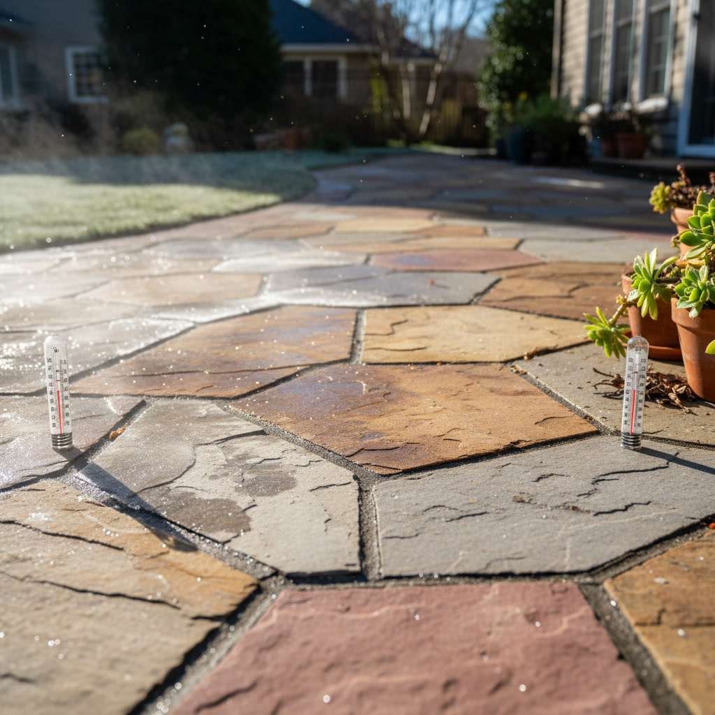 Natural stone pavers installed on backyard patio with sand joints and gravel base
