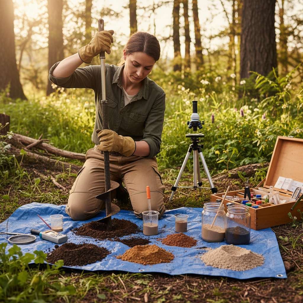 landscape designer examining soil quality and drainage during site consultation