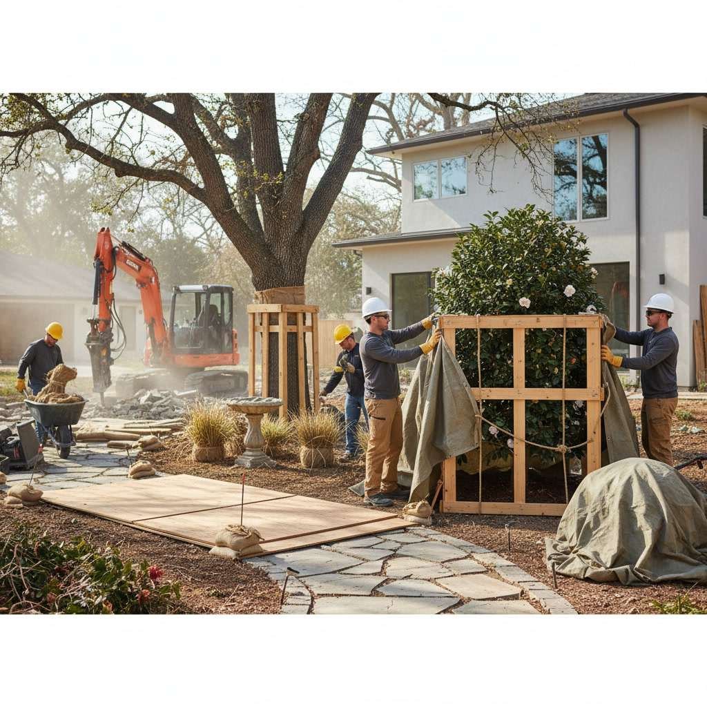 Crew marking yard features for preservation before demolition begins