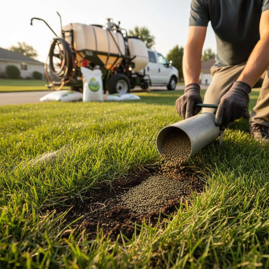 Professional lawn care technician applying granular fertilizer to residential turf