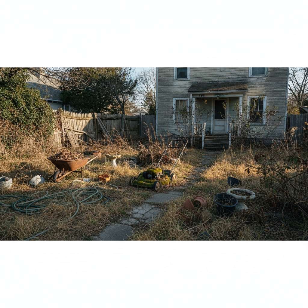 Yard showing multiple landscape problems requiring full transformation
