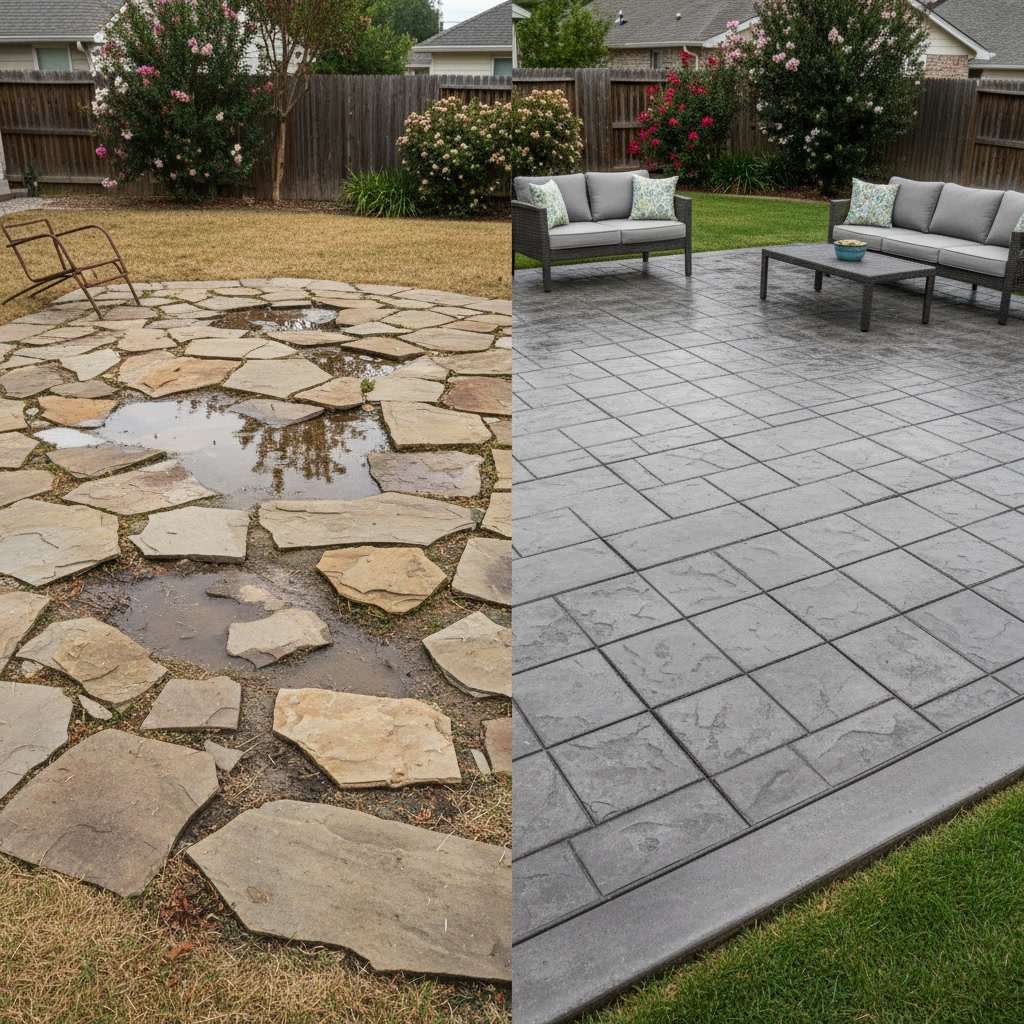 Stamped concrete patio with control joints and textured surface pattern