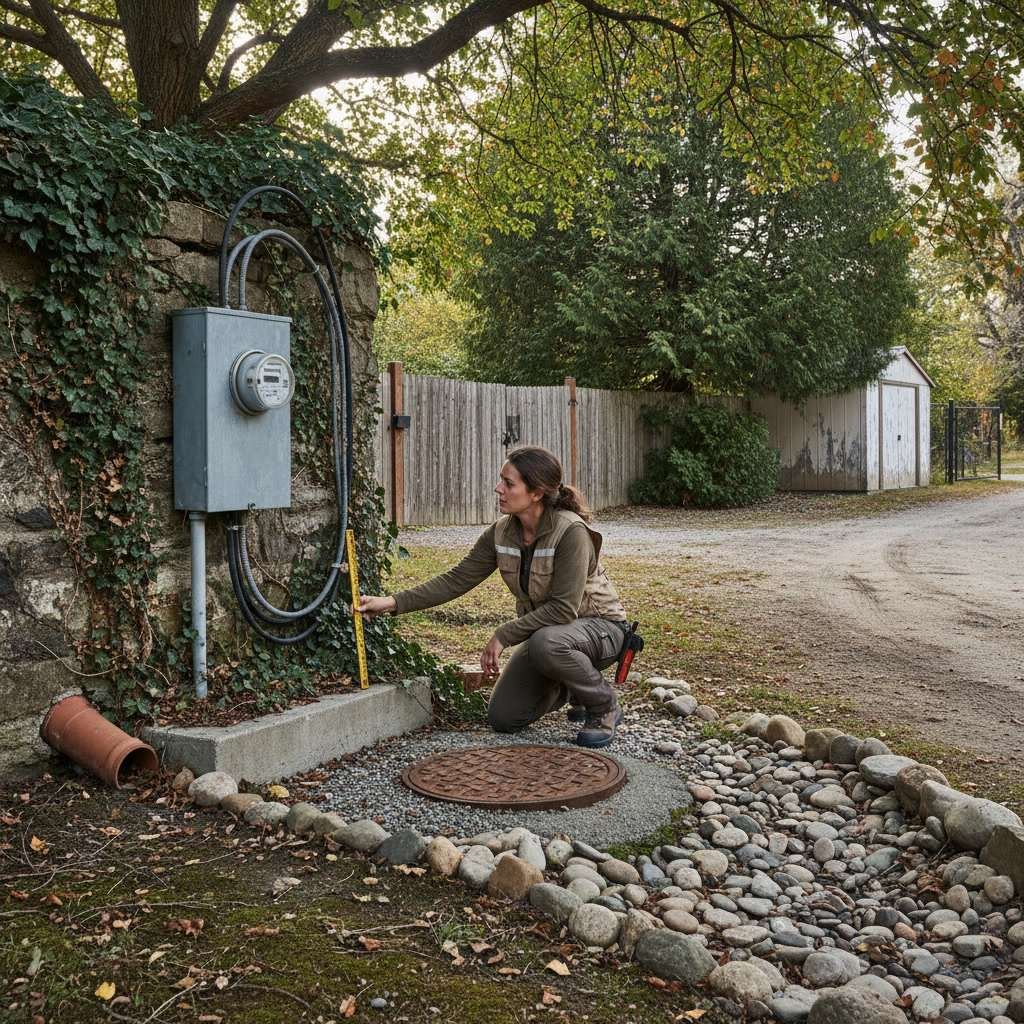 landscape professional measuring property dimensions and marking utility locations
