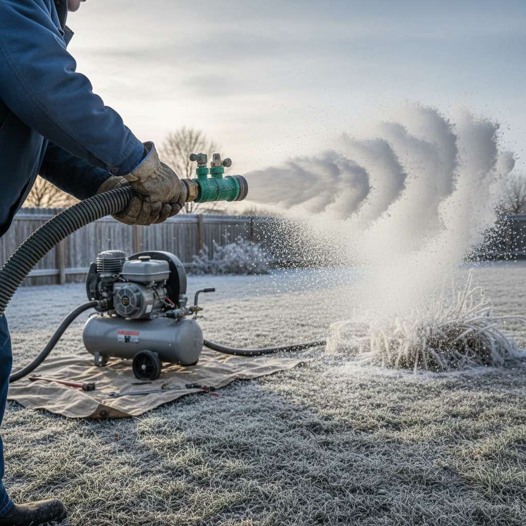 Professional technician performing compressed air blowout on irrigation zone