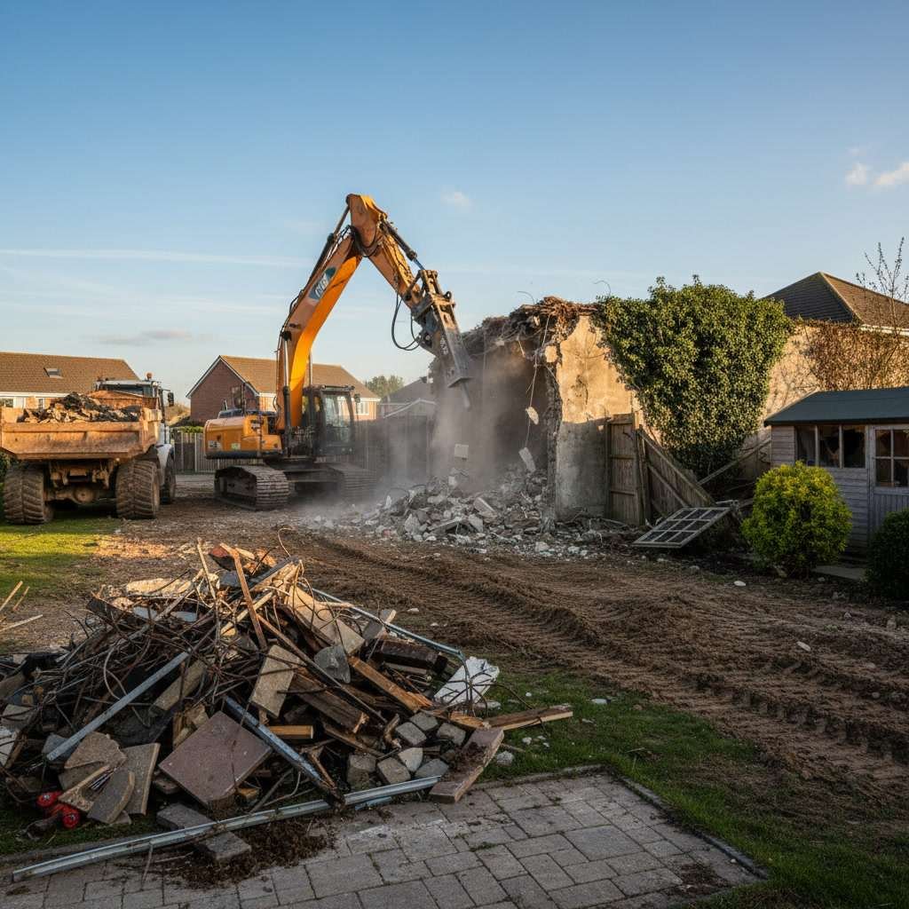 Mini excavator removing old concrete patio during yard demolition
