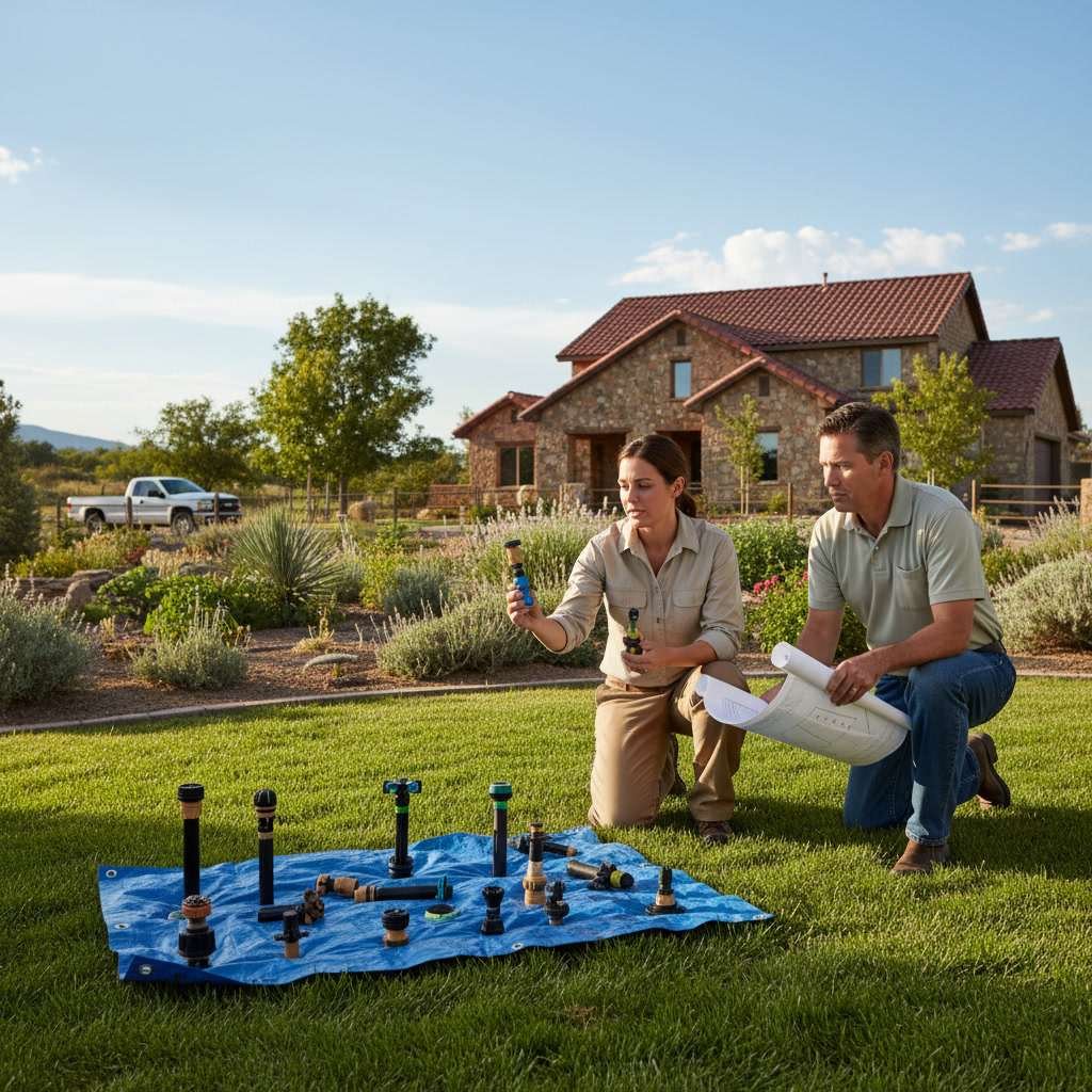 Irrigation sprinkler head types and placement layout for efficient water coverage