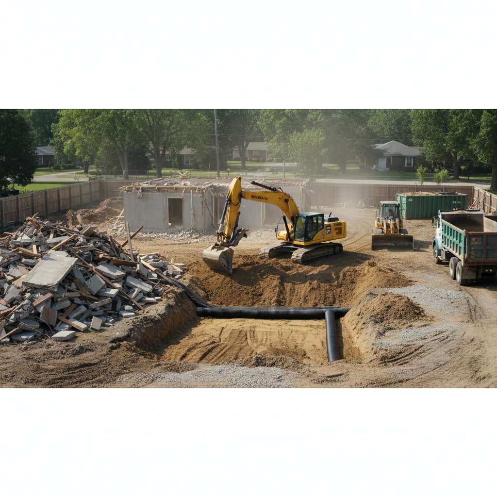 Site grading and drainage preparation after demolition clearing