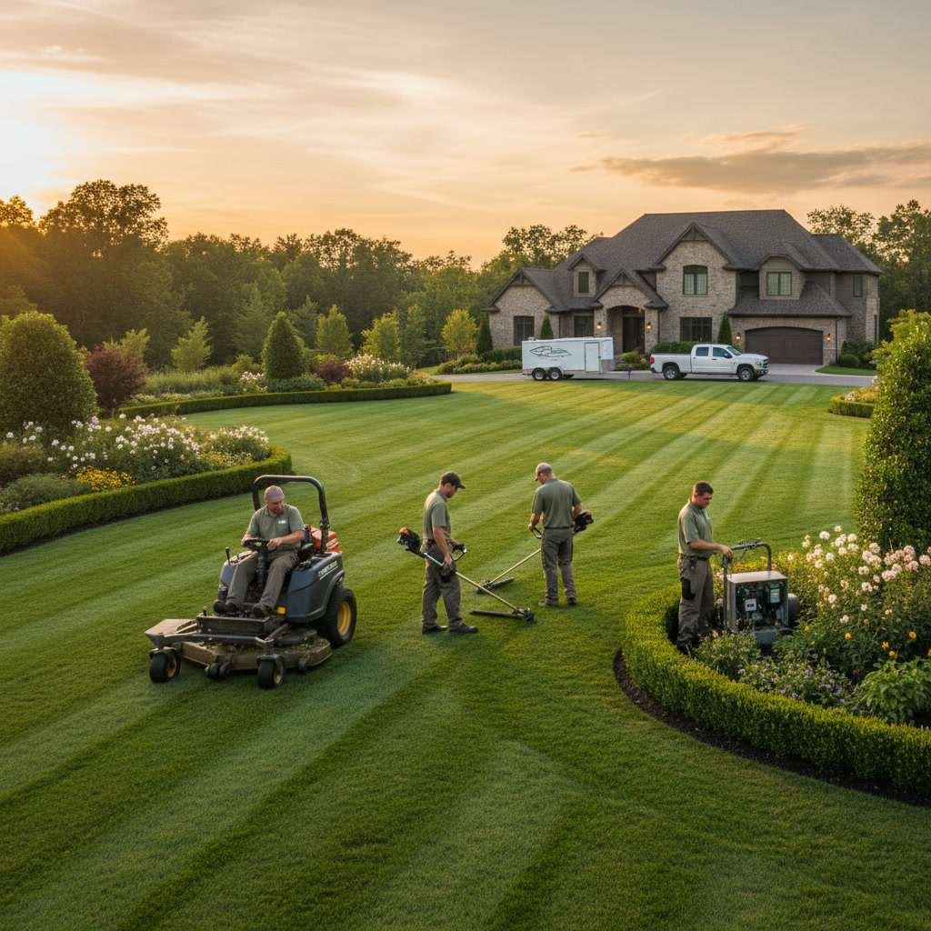 Professional lawn care equipment and treatment products organized for residential property maintenance