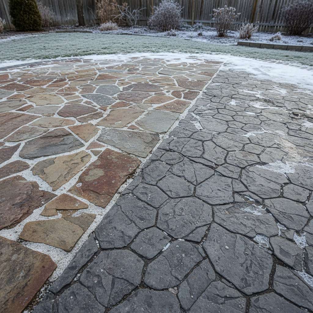 Natural stone pavers and stamped concrete patio comparison in backyard setting