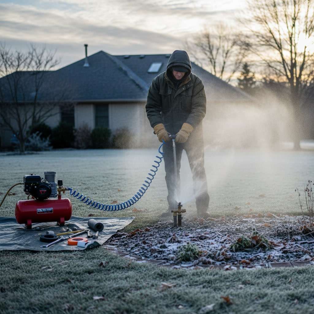 Frozen sprinkler head covered in ice showing importance of winterization