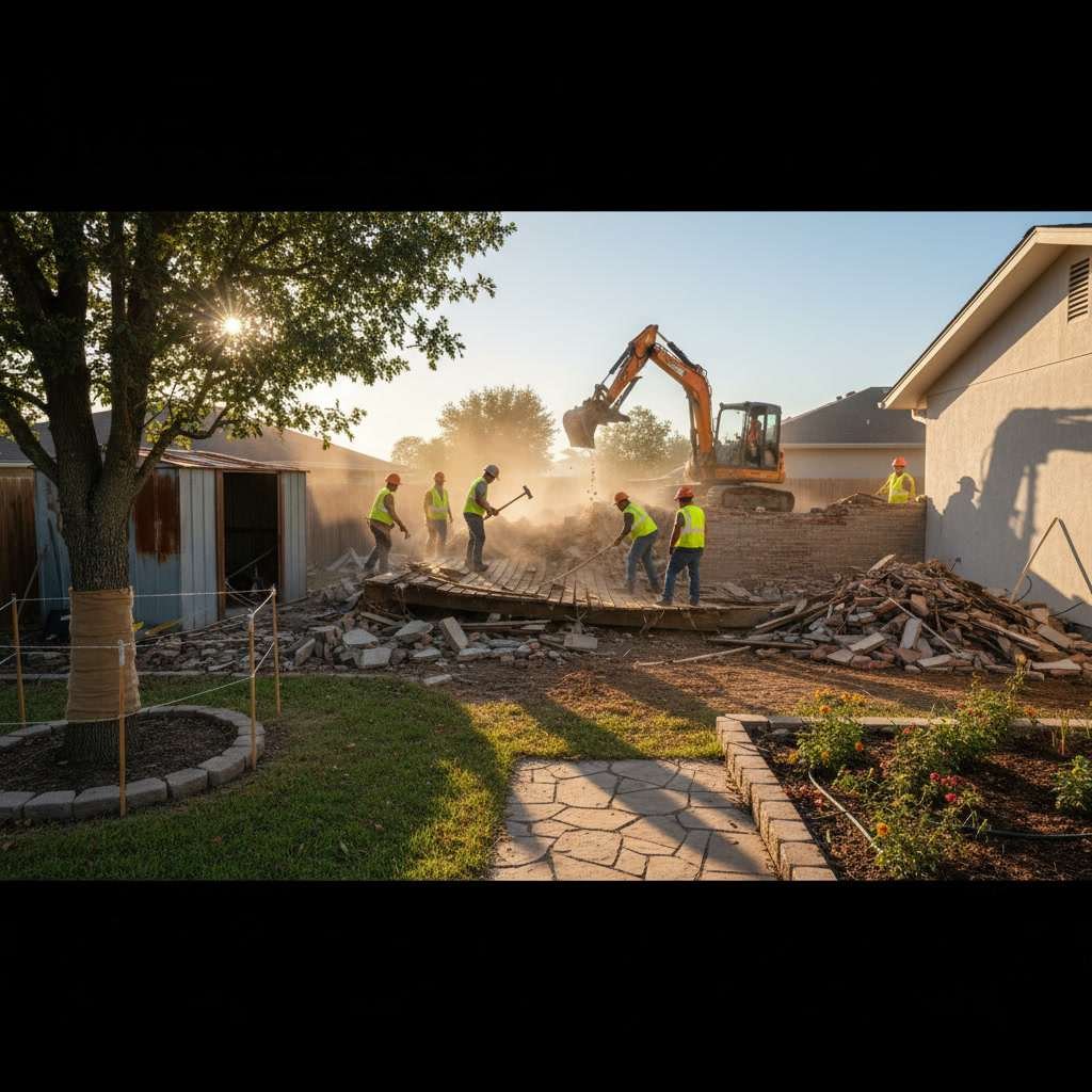 Landscape demolition crew preparing residential yard for full transformation