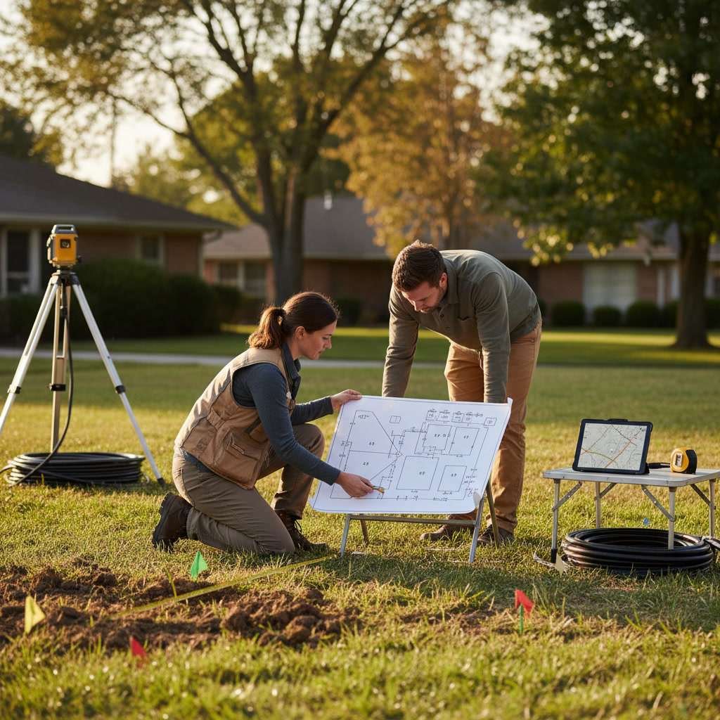 Professional irrigation design consultation with property measurement and layout planning