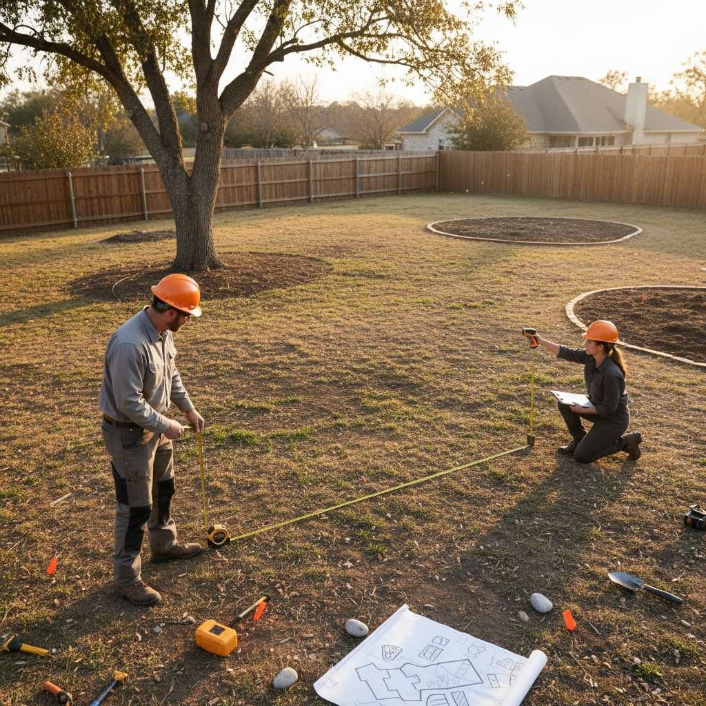 Professional measuring and marking yard perimeter for turf installation base preparation