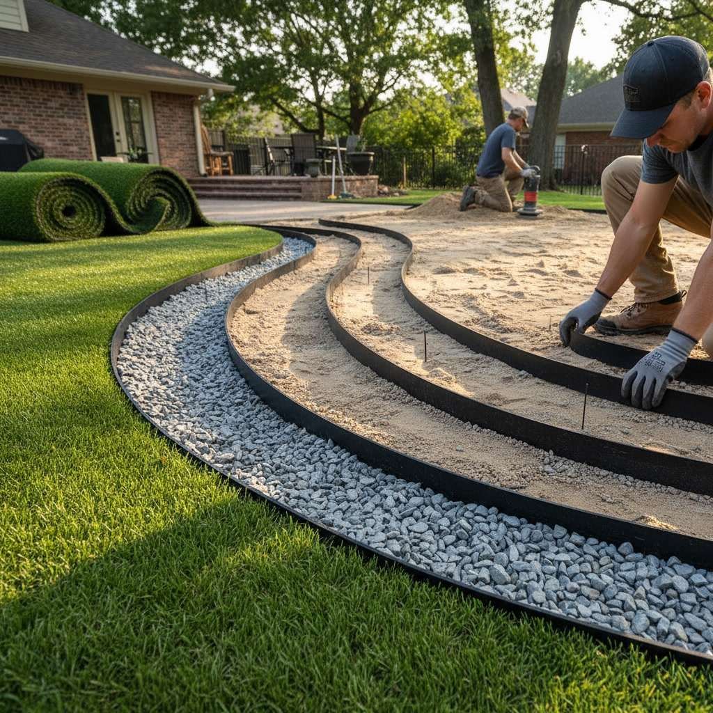 Compacted base rock layer with drainage slope for synthetic turf installation