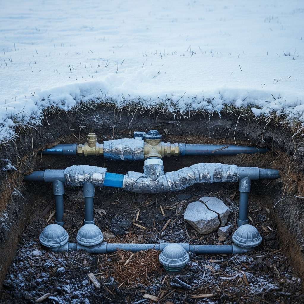 Professional technician using air compressor to winterize irrigation system
