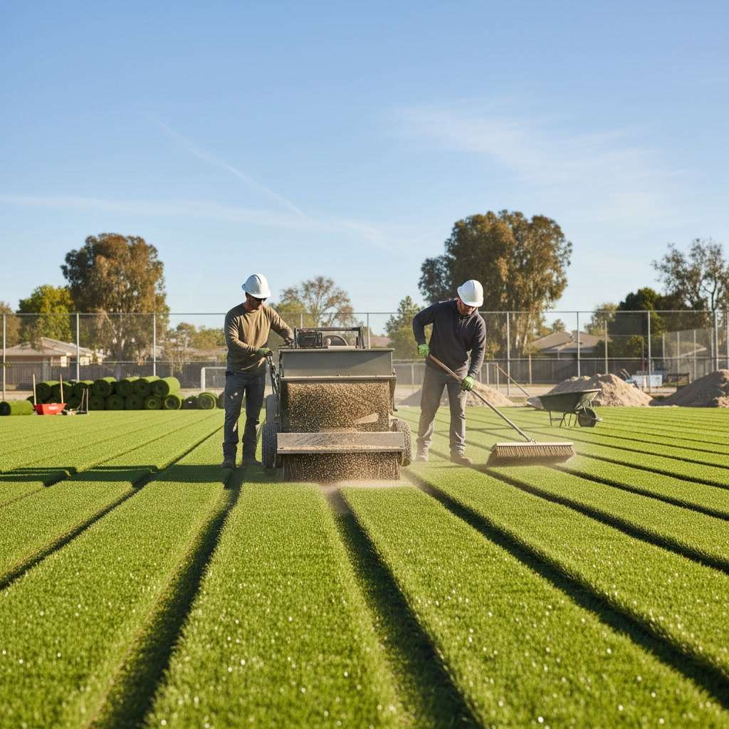 Final rolling and infill application on newly installed synthetic turf lawn
