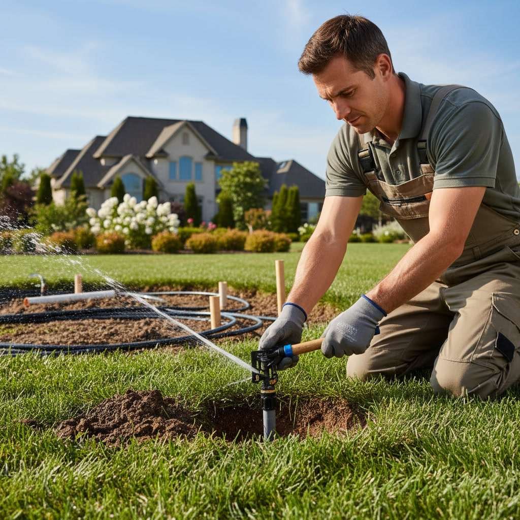Professional sprinkler system maintenance technician inspecting irrigation valve and control system