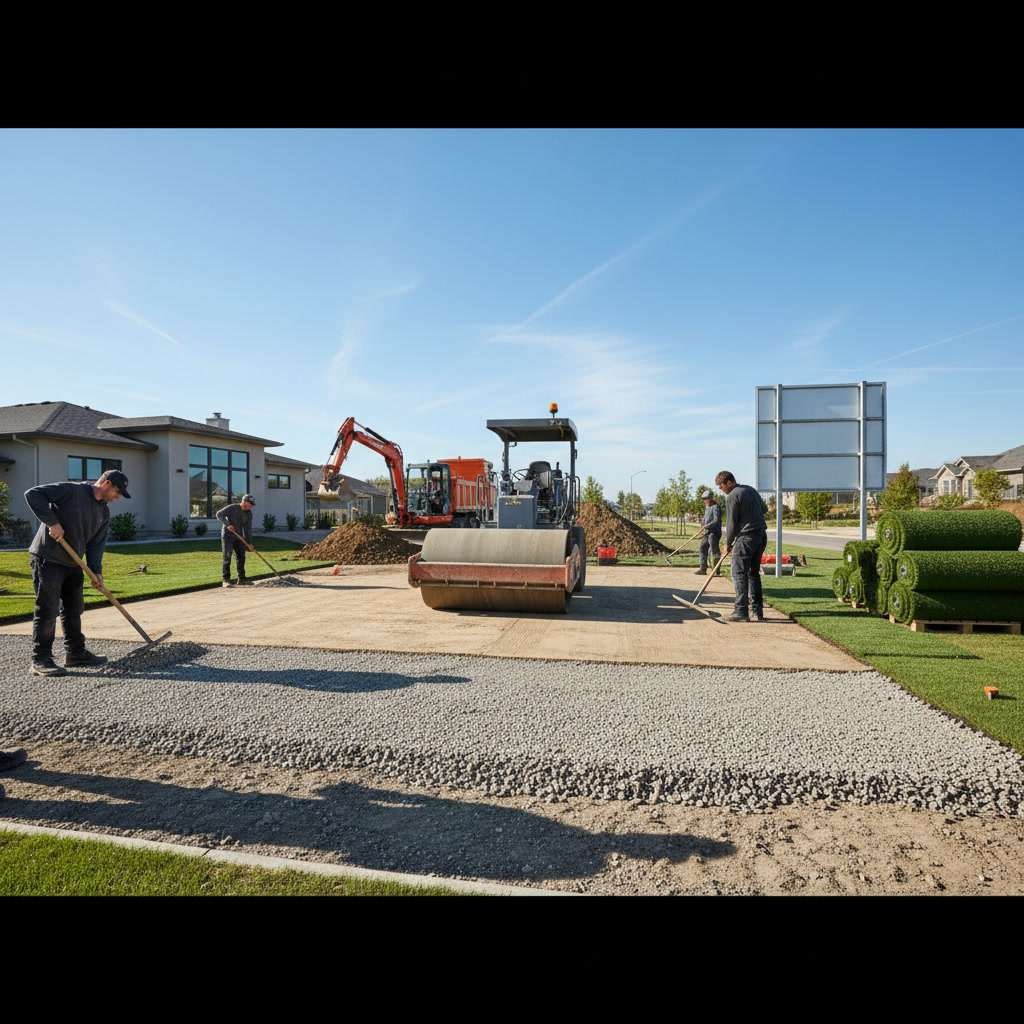 Professional crew installing synthetic turf with base preparation and rolling equipment in residential yard